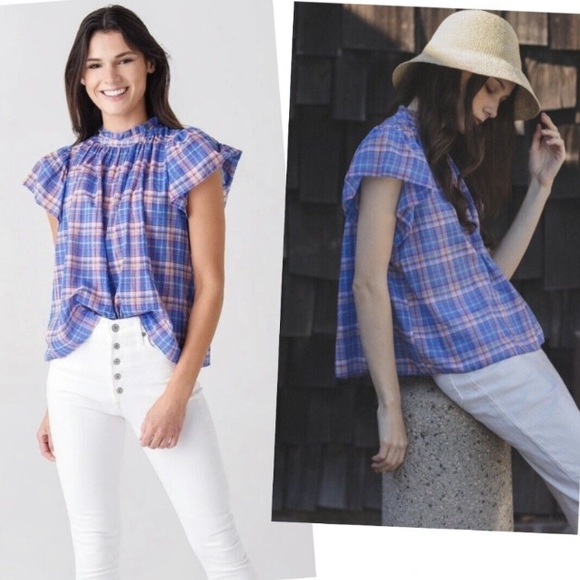 Trovata Birds of Paradis Blue Pink Plaid Carla High Neck Shirt - Picture 13 of 13